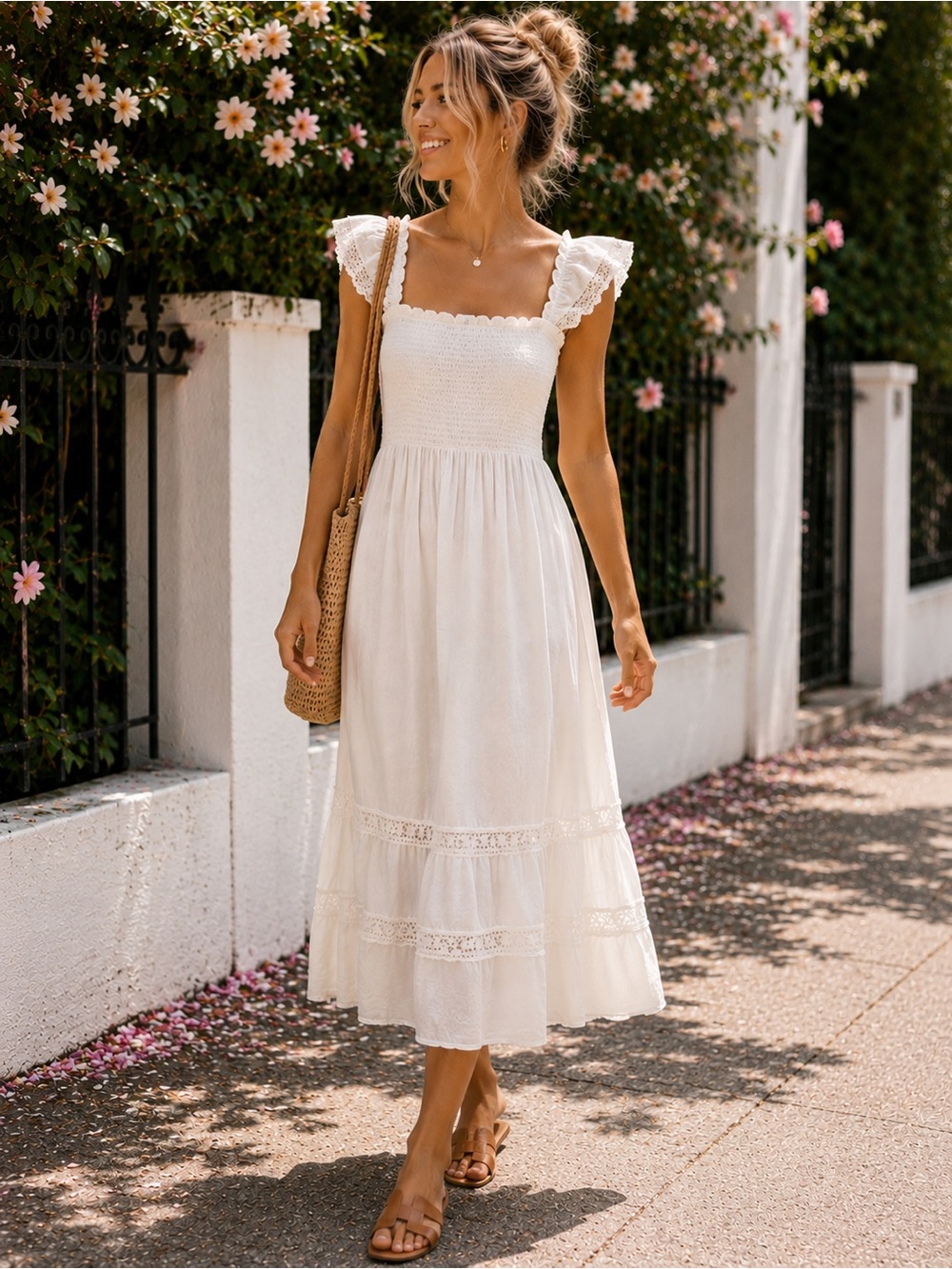 bobi White Midi Smocked Flutter Sleeve Sundress